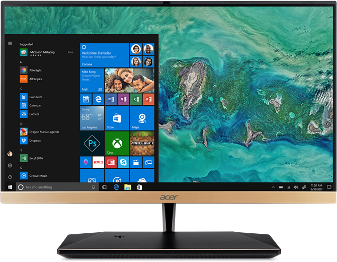 Acer 桌面 Windows 10 開始選單 壁紙 — Acer 顯示器在充滿活力的藍綠色和綠色熱帶島嶼桌布上顯示 Windows 10 開始功能表。