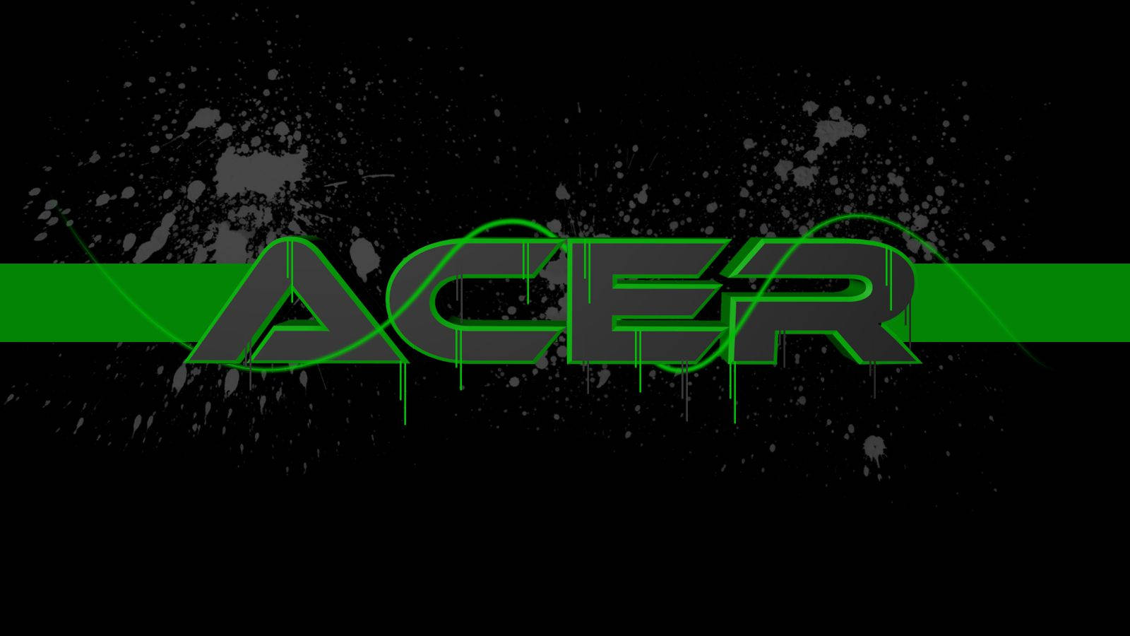 Acer 標誌帶有綠色霓虹燈輪廓和灰色飛濺效果，背景為黑色。