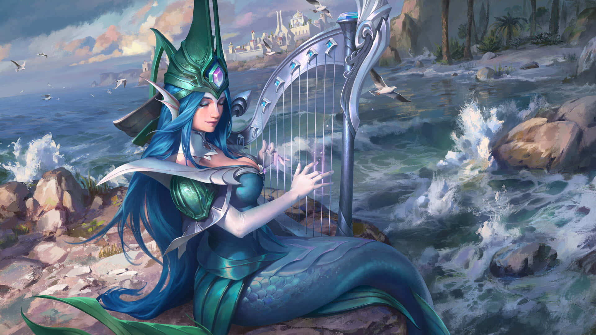 《Ace傳奇》海神與豎琴彩繪 壁紙 — 一位藍髮綠甲的寧靜美人魚在岩石海岸上彈奏銀色豎琴，海浪拍打，海鷗翱翔。