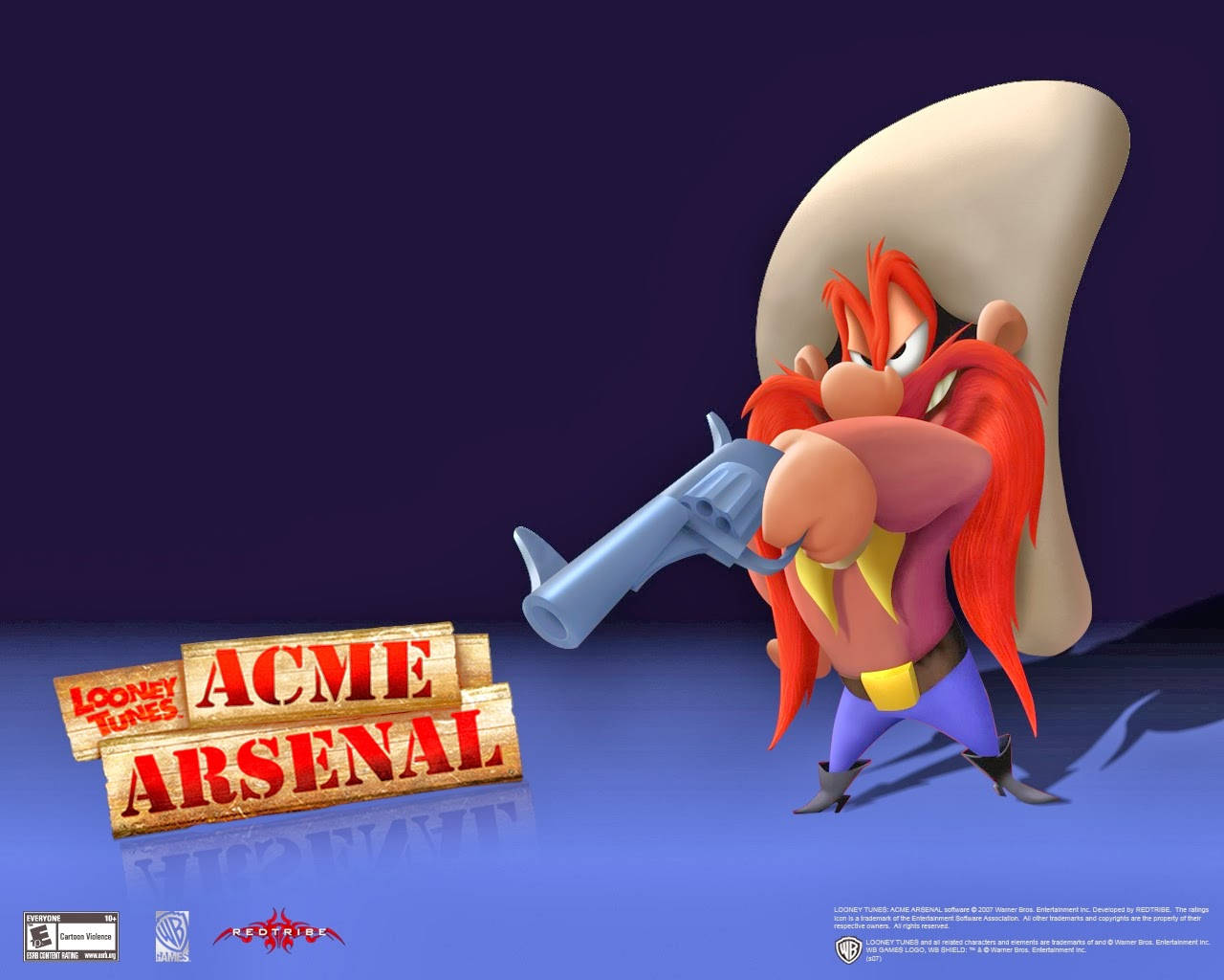 卡通角色瞄準藍色槍，帶有 Looney Tunes ACME Arsenal 標誌。