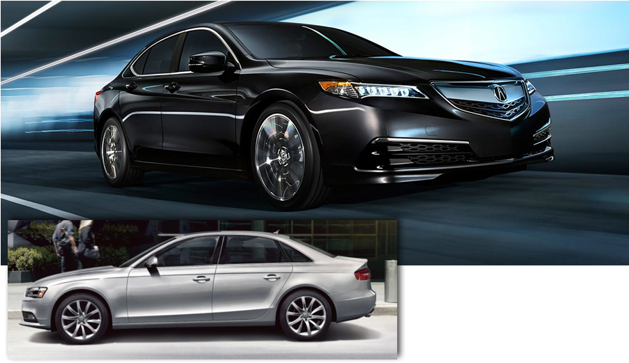 Acura 車型展示 壁紙 — 一輛時尚的黑色轎車在帶有發光藍色條紋的未來感隧道中疾馳，而一輛銀色轎車則顯示在單獨的插圖中。