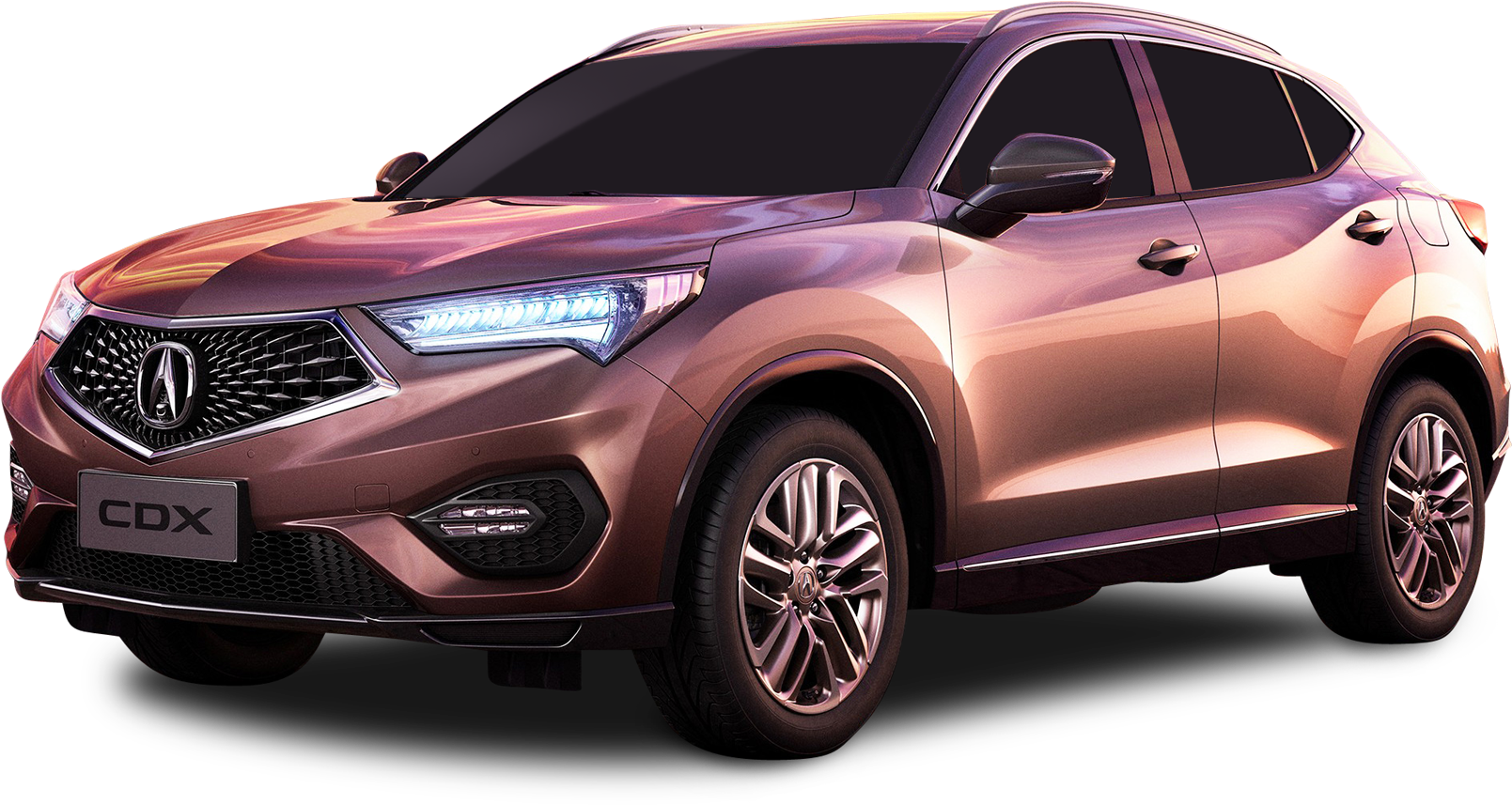 Acura CDX豪華跨界車2023 壁紙 — 一輛時尚的玫瑰金色Acura CDX SUV在黑色背景的影樓燈光下閃耀，展現其現代設計和銳利線條。