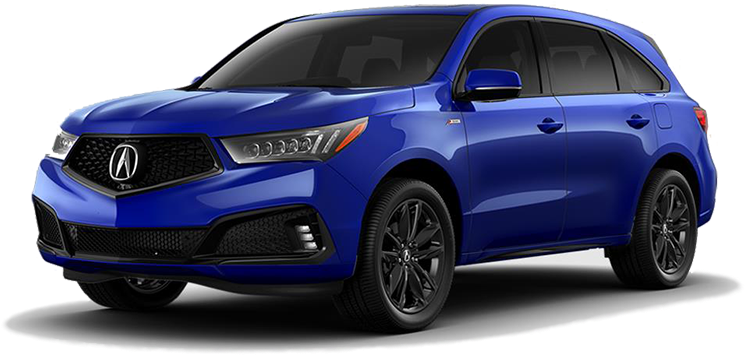 藍色Acura MDX 2023側面視圖 壁紙 — 一輛充滿活力的藍色Acura SUV，帶有黑色飾邊和時尚頭燈，在攝影棚燈光下展示。