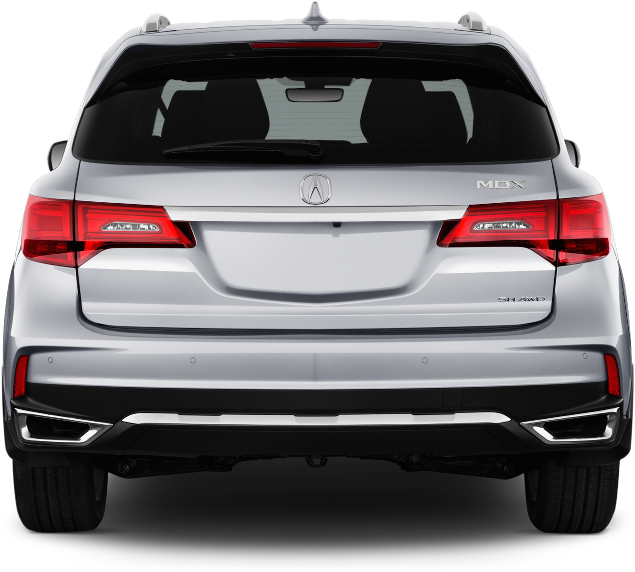 銀色Acura MDX後視圖 壁紙 — 黑色背景上，銀色Acura MDX SUV的後視圖，帶有紅色尾燈和鍍鉻裝飾。