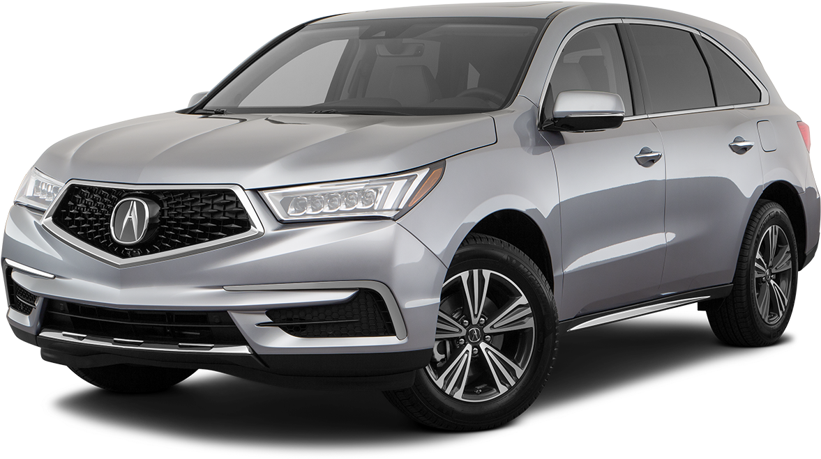 銀色Acura MDX SUV 2023三/四分正面視圖 壁紙 — 一輛時尚的銀色Acura SUV在攝影棚燈光下展示，黑色背景凸顯其現代設計和合金輪圈。