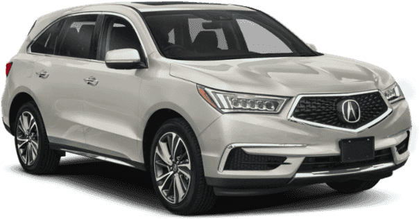 銀色Acura MDX SUV側面視圖 壁紙 — 一輛時尚的銀色Acura SUV在工作室環境中展示，下方有一個發光的藍色能量環。
