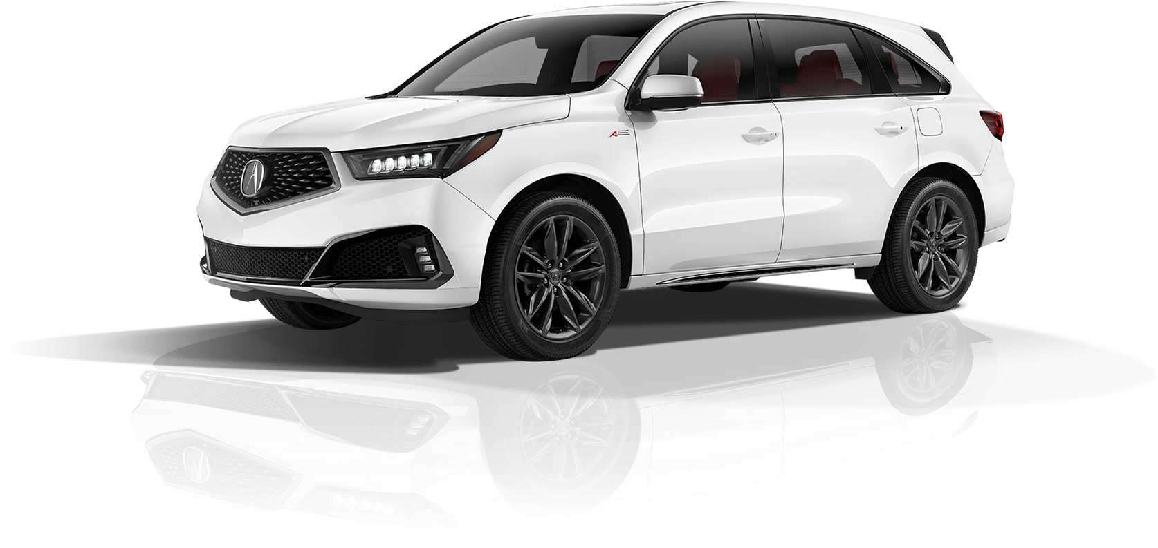 白色Acura MDX SUV 側面視圖 壁紙 — 一輛時尚的白色Acura SUV，配備黑色輪圈和紅色內飾，停在帶有風格化反射的亮黑色表面上。