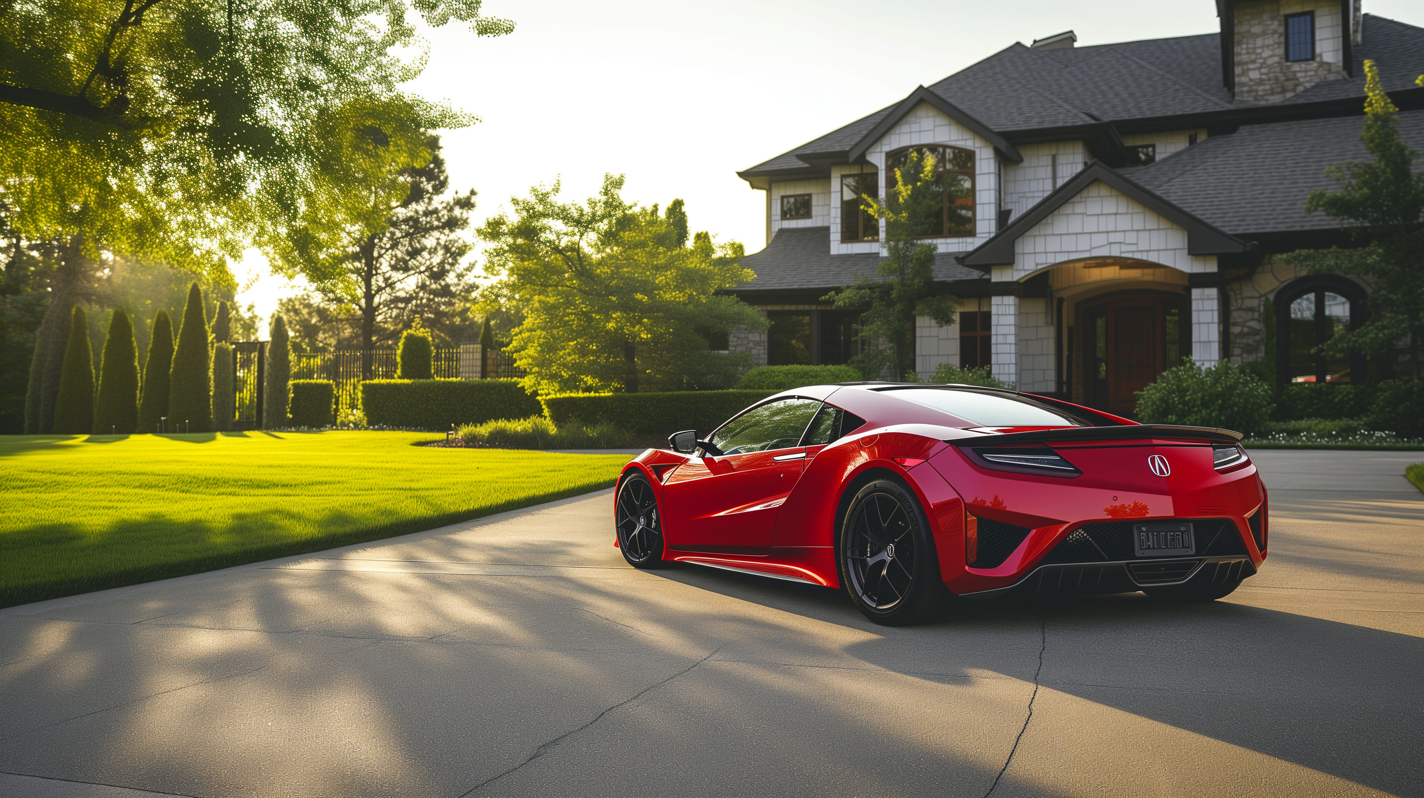 Acura NSX 5 壁紙 — 一輛鮮紅色的跑車在陽光明媚的車道上閃閃發光，前面是一座宏偉的石頭和木瓦豪宅，周圍環繞著茂密的綠色植物。