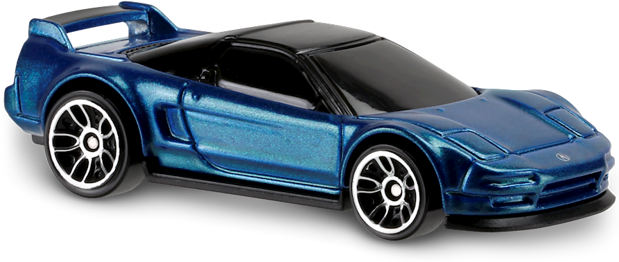 藍色Acura NSX 玩具車模型 壁紙 — 閃亮藍色金屬玩具跑車，黑色車頂，白色輻條輪，透明背景孤立。