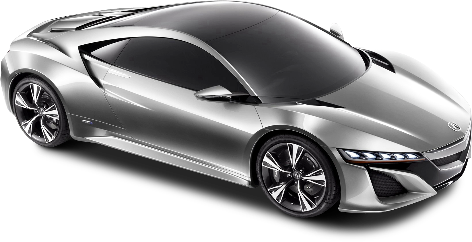 銀色Acura NSX運動車側視圖 壁紙 — 一輛時尚的銀色跑車，具有空氣動力學曲線和發光的車頭燈，孤立地矗立在黑色背景上。