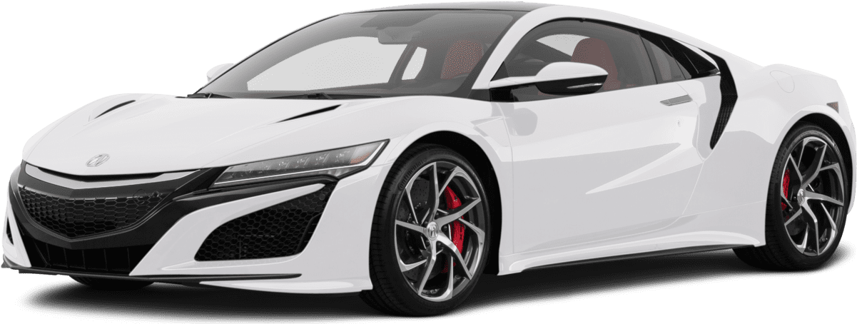 白色Acura NSX跑車側面視圖 壁紙 — 一輛時尚的白色跑車，帶有黑色飾邊和紅色制動卡鉗，在透明背景上以側面展示。