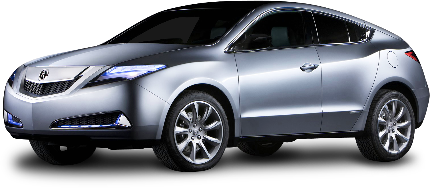 銀色Acura ZDX跨界車側面視圖 壁紙 — 一輛時尚的銀色Acura跨界SUV，帶有發光的藍色頭燈，孤立在純黑色背景上。