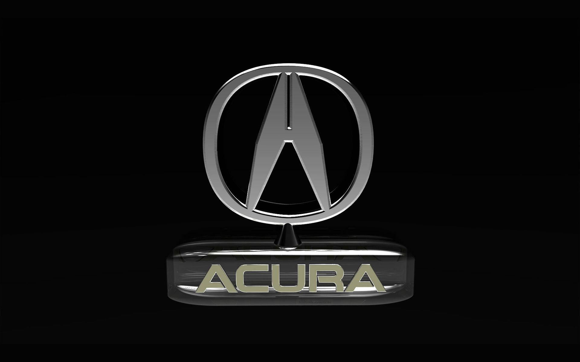 Acura汽車品牌標誌，鍍鉻飾面，金色字體，黑色背景。