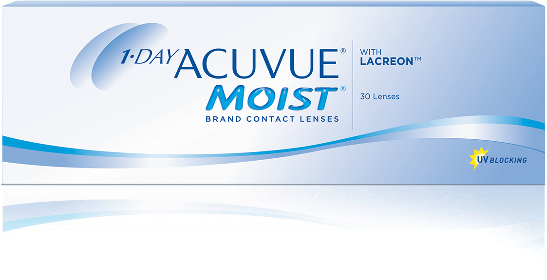 Acuvue Moist隱形眼鏡包裝 壁紙 — 一個時尚的藍白盒子，內含30片1-day Acuvue Moist品牌隱形眼鏡，具有防紫外線功能。