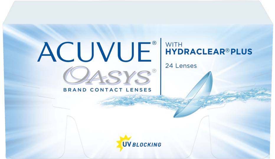 Acuvue Oasys隱形眼鏡包裝 壁紙 — 時尚的隱形眼鏡盒，採用藍白放射光設計，配有浮動鏡片和防紫外線標誌。
