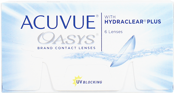 Acuvue Oasys隱形眼鏡包裝 壁紙 — 一個乾淨的白色Acuvue Oasys隱形眼鏡盒，帶有藍色水花圖案，上方漂浮著一個鏡片。