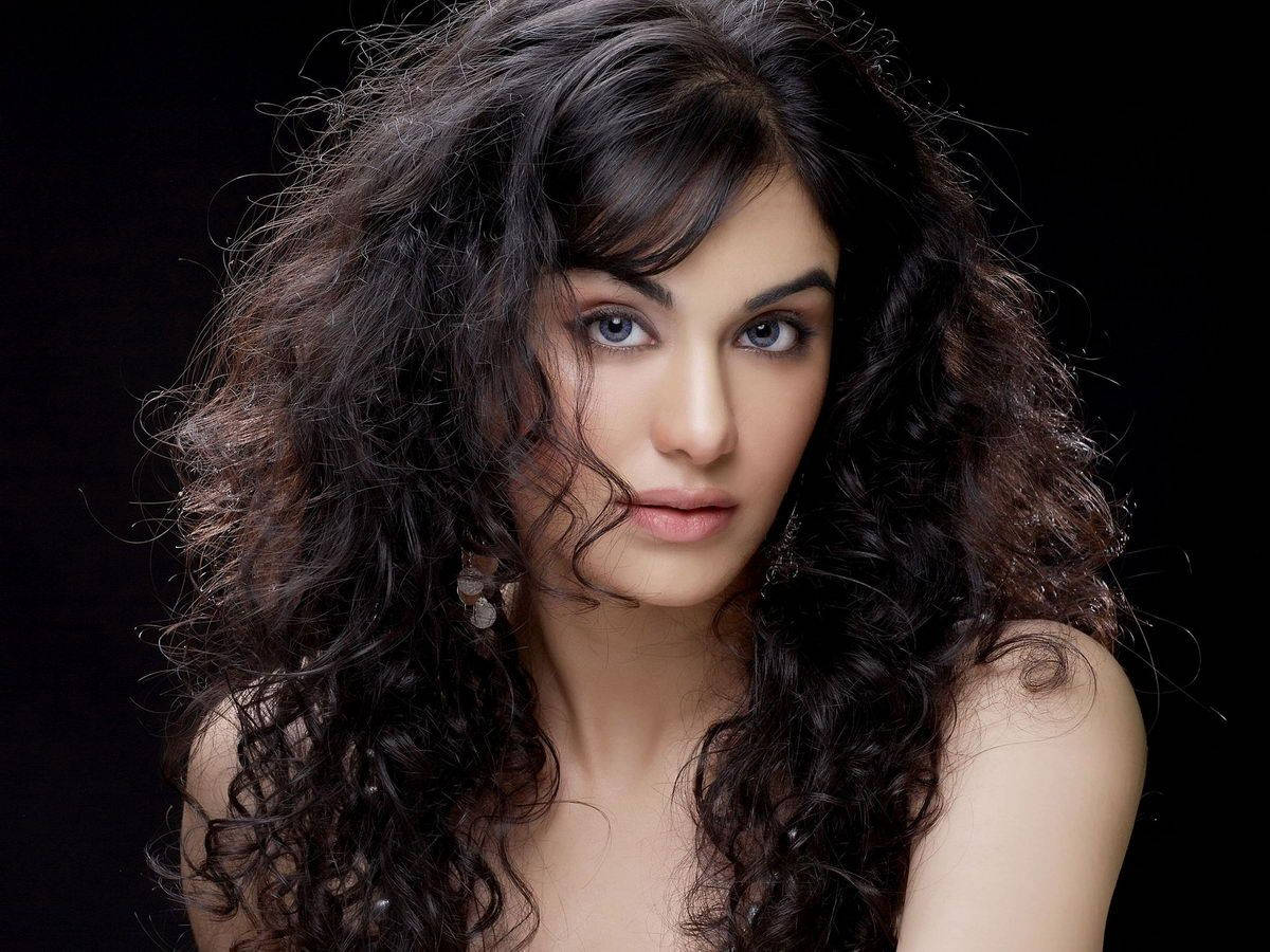 女模特與印度女演員Adah Sharma 壁紙 — 一位擁有豐盈深色捲髮和強烈眼神的女性，直視著純黑背景。