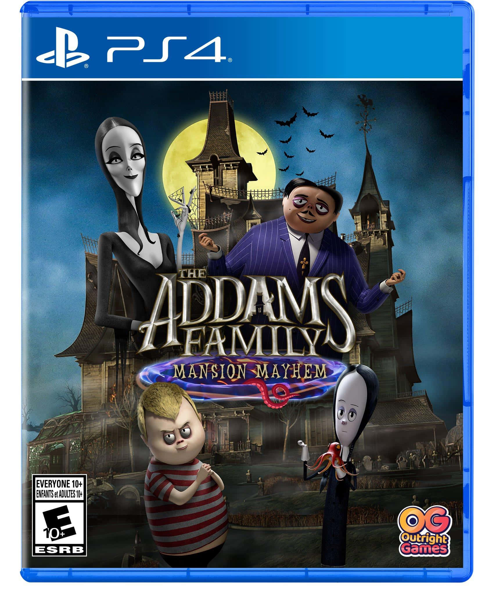 《Addams Family》——一場古怪的冒險 壁紙 — 阿達一族角色站在他們的哥德式大宅前，滿月當空，蝙蝠飛舞。