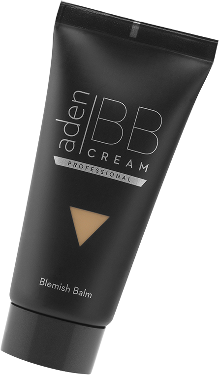 Aden BB霜專業化妝管 壁紙 — 一支纖細的黑色aden BB Cream Professional Blemish Balm管，帶有米色試色，傾斜放置在純白色背景上。