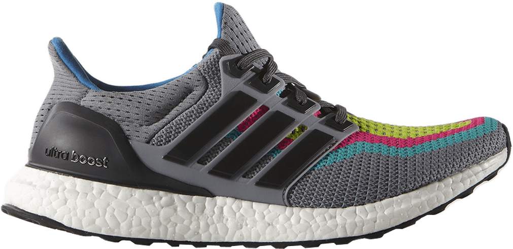 多色Adidas Ultraboost運動鞋 壁紙 — 灰色Adidas Ultra Boost運動鞋，白色紋理鞋底上帶有充滿活力的粉紅色、藍綠色和青檸色點綴。