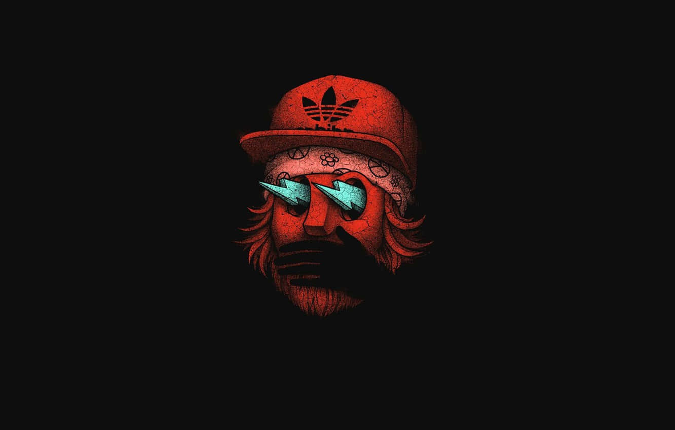 紅色鬍鬚臉孔，帶有發光眼睛和帽子，深色背景