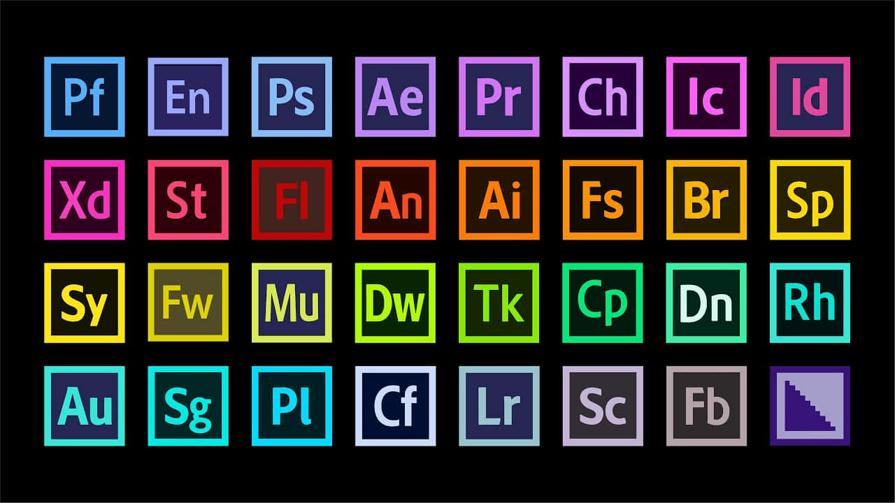 帶有鮮豔彩色背景的Adobe Creative Cloud應用程式圖示網格。