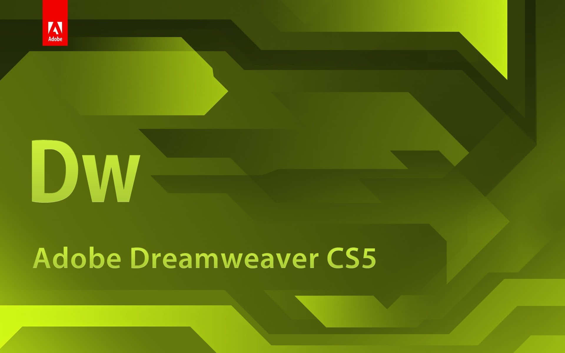 Dreamweaver 桌布 壁紙 — Adobe Dreamweaver CS5 標誌以青檸綠色顯示，帶有抽象幾何電路圖案，背景為漸變色。