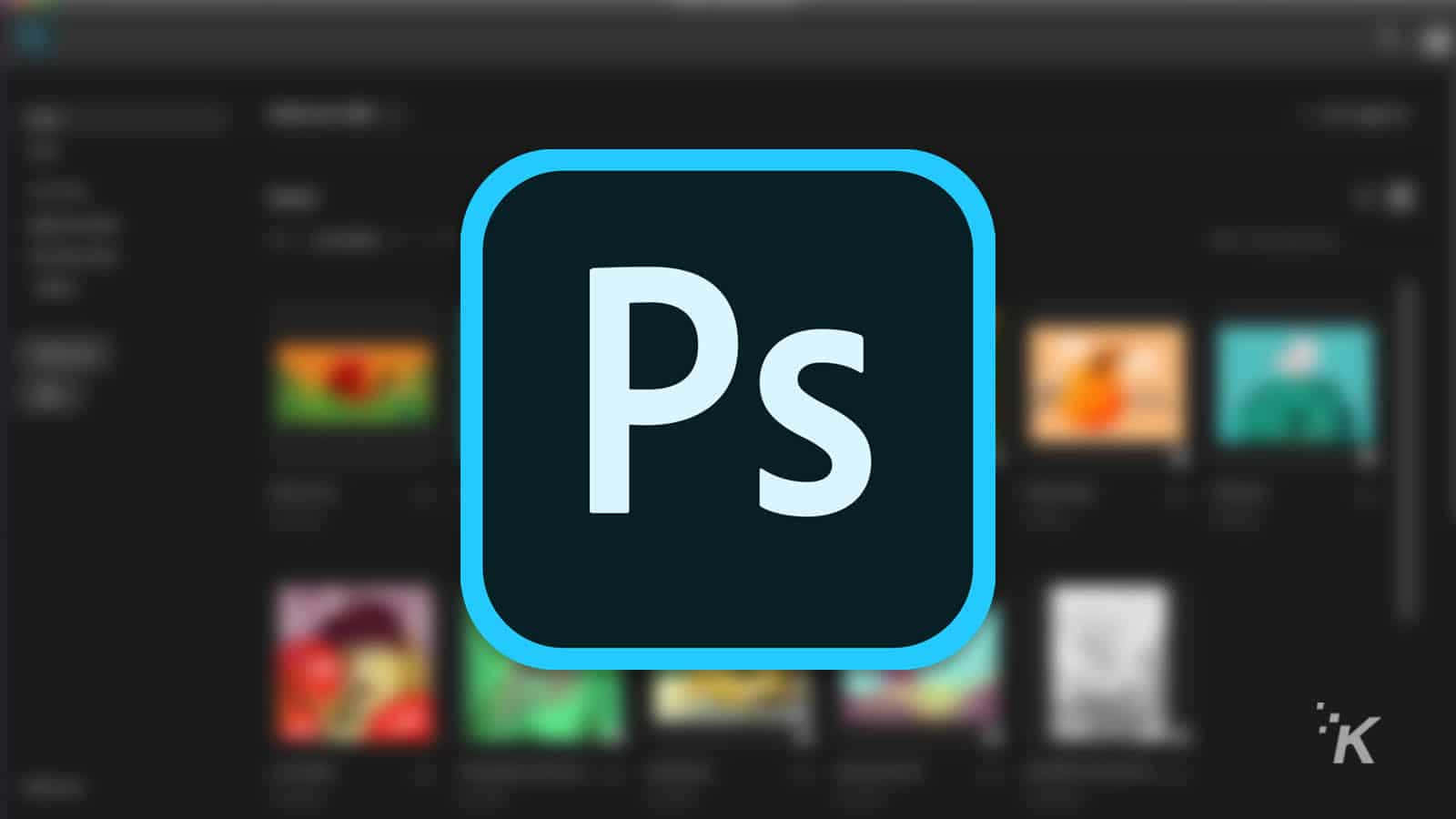 Adobe Photoshop 2020 CC 標誌 壁紙 — Adobe Photoshop 標誌以亮藍色輪廓居中顯示，背景為模糊的深色介面及縮圖預覽。