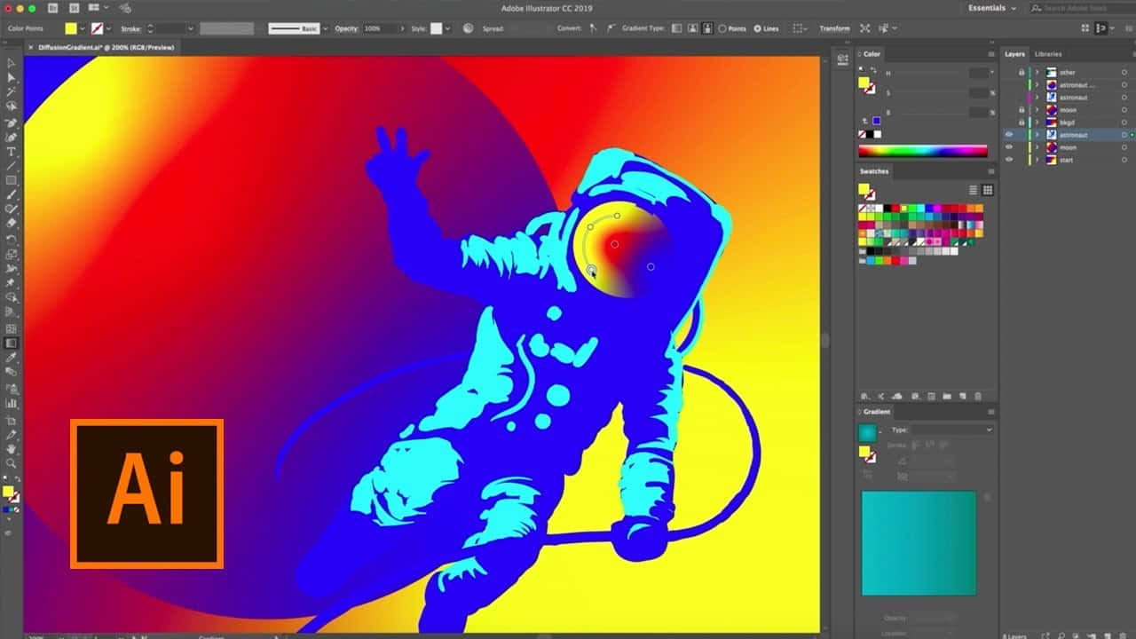 一個藍色太空人在Adobe Illustrator中漂浮在色彩繽紛的漸變太空場景中。