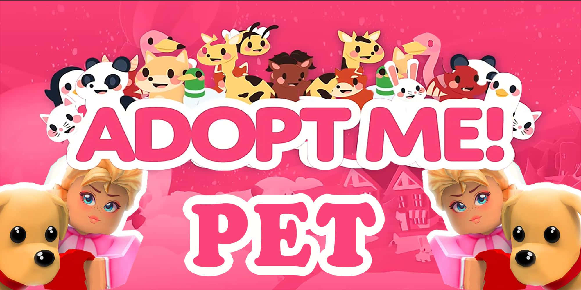Adopt Me 寵物 - 截圖縮圖 壁紙 — 充滿活力的粉紅色背景，卡通角色和寵物圍繞著粗體粉紅色文字「ADOPT ME! PET」。