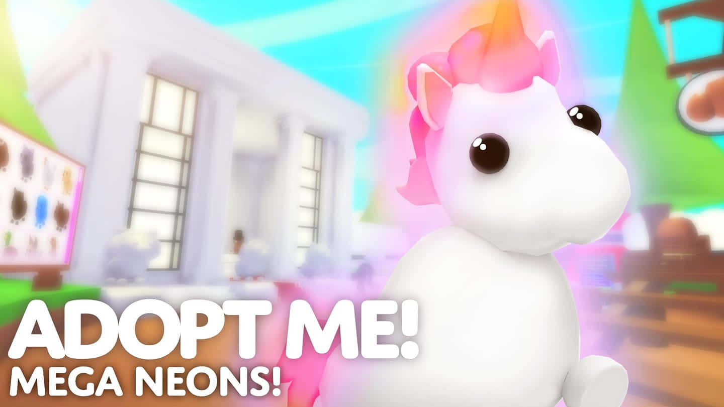 《 Adopt Me! 》遊戲精彩玩法 壁紙 — 一隻可愛的白色獨角獸，擁有發光的彩虹鬃毛，站在色彩繽紛的卡通小鎮中，並帶有「ADOPT ME! MEGA NEONS!」文字。