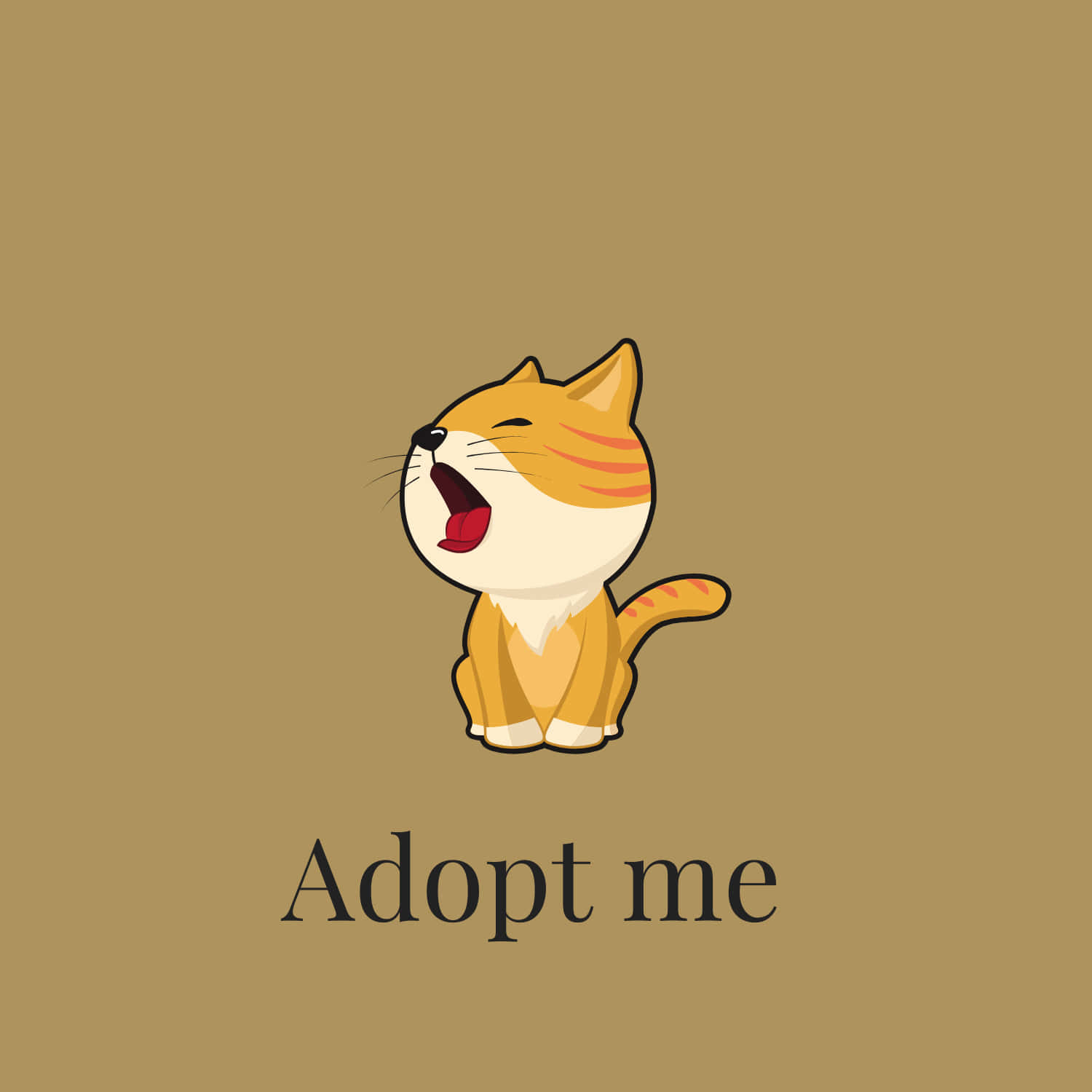 Adopt Me - 一隻寫著「Adopt Me」的貓 壁紙 — 一隻可愛的卡通貓咪，帶有橙色條紋，在純棕色背景上大大地打哈欠，上面寫著 adopt me。