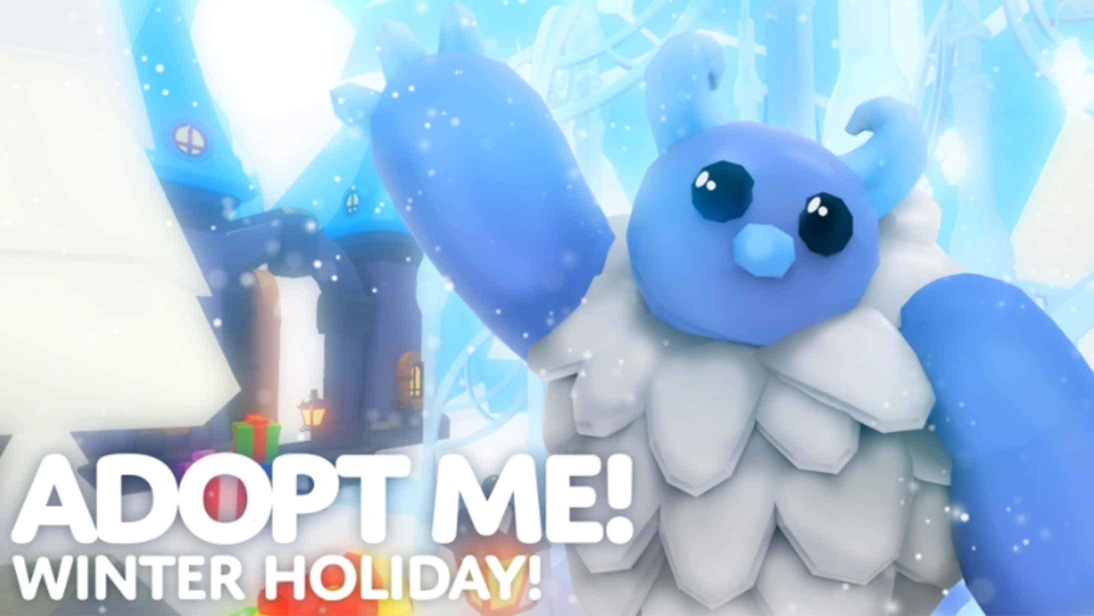 Adopt Me 冬季假期 壁紙 — 一個可愛的藍色雪花生物，有著大眼睛，在雪白的冬季村莊場景中揮手。