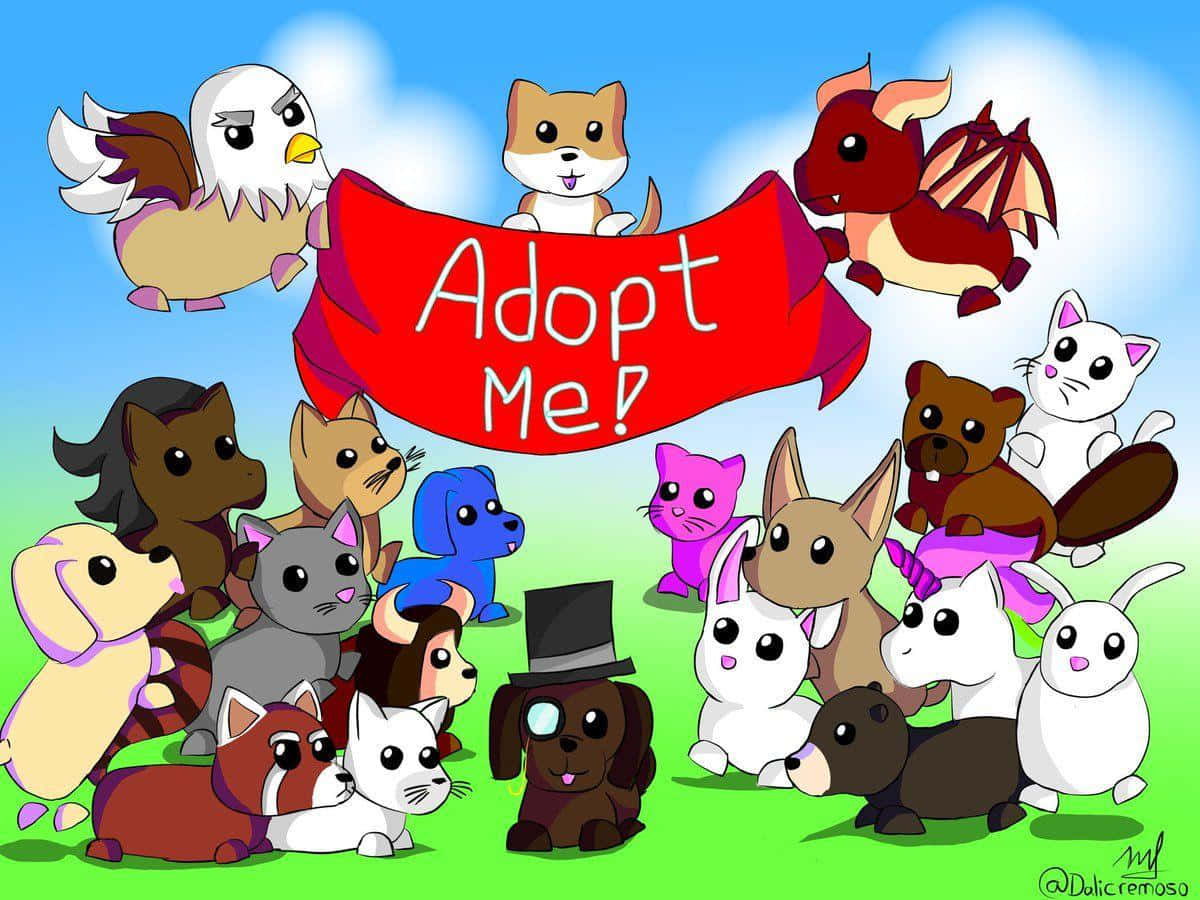 Adopt Me 寵物舉著紅旗的圖片 壁紙 — 一幅歡樂的卡通插圖，描繪各種可愛動物舉著紅色橫幅，上面寫著「Adopt Me!」，背景是明亮的藍天和綠草。