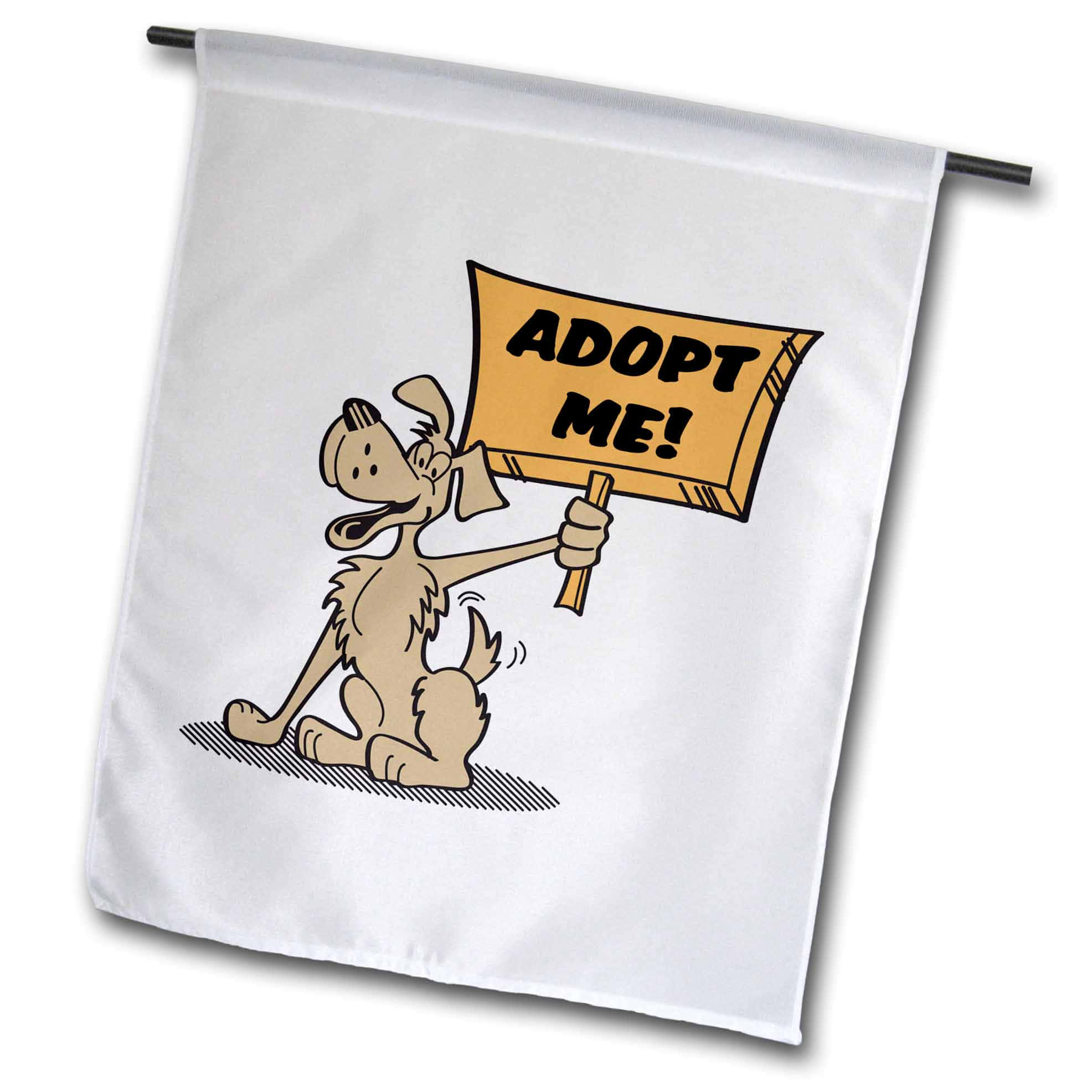 Adopt Me 狗屋旗幟 壁紙 — 一隻卡通狗，耳朵下垂，坐在白色旗幟上，舉著一個黃色牌子，上面寫著領養我！
