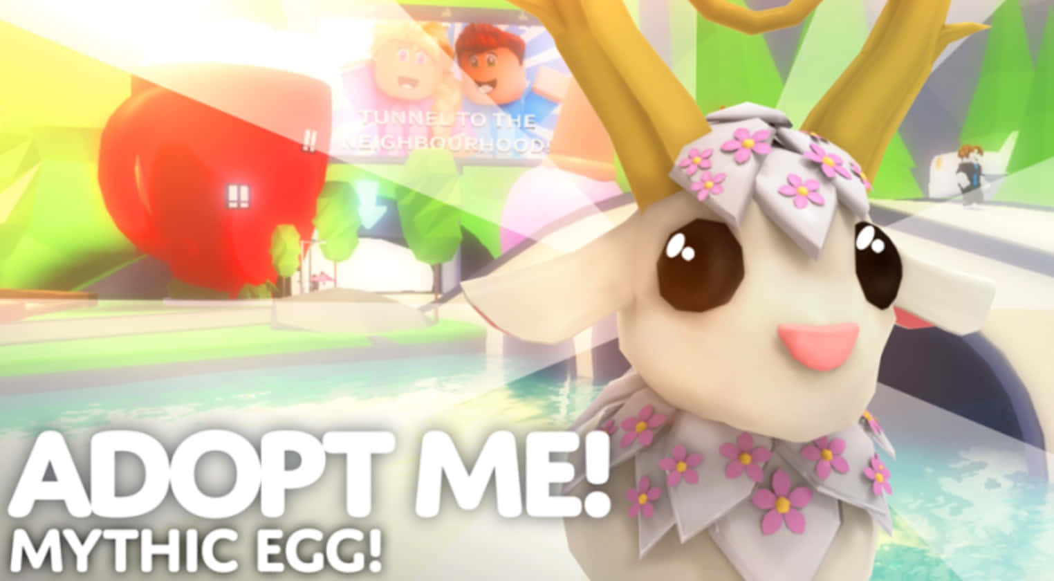 Adopt Me 神秘蛋 壁紙 — 一隻可愛的卡通鹿，戴著花卉頭帶和項圈，站在一個明亮多彩的遊戲世界中，帶有「ADOPT ME!」文字。