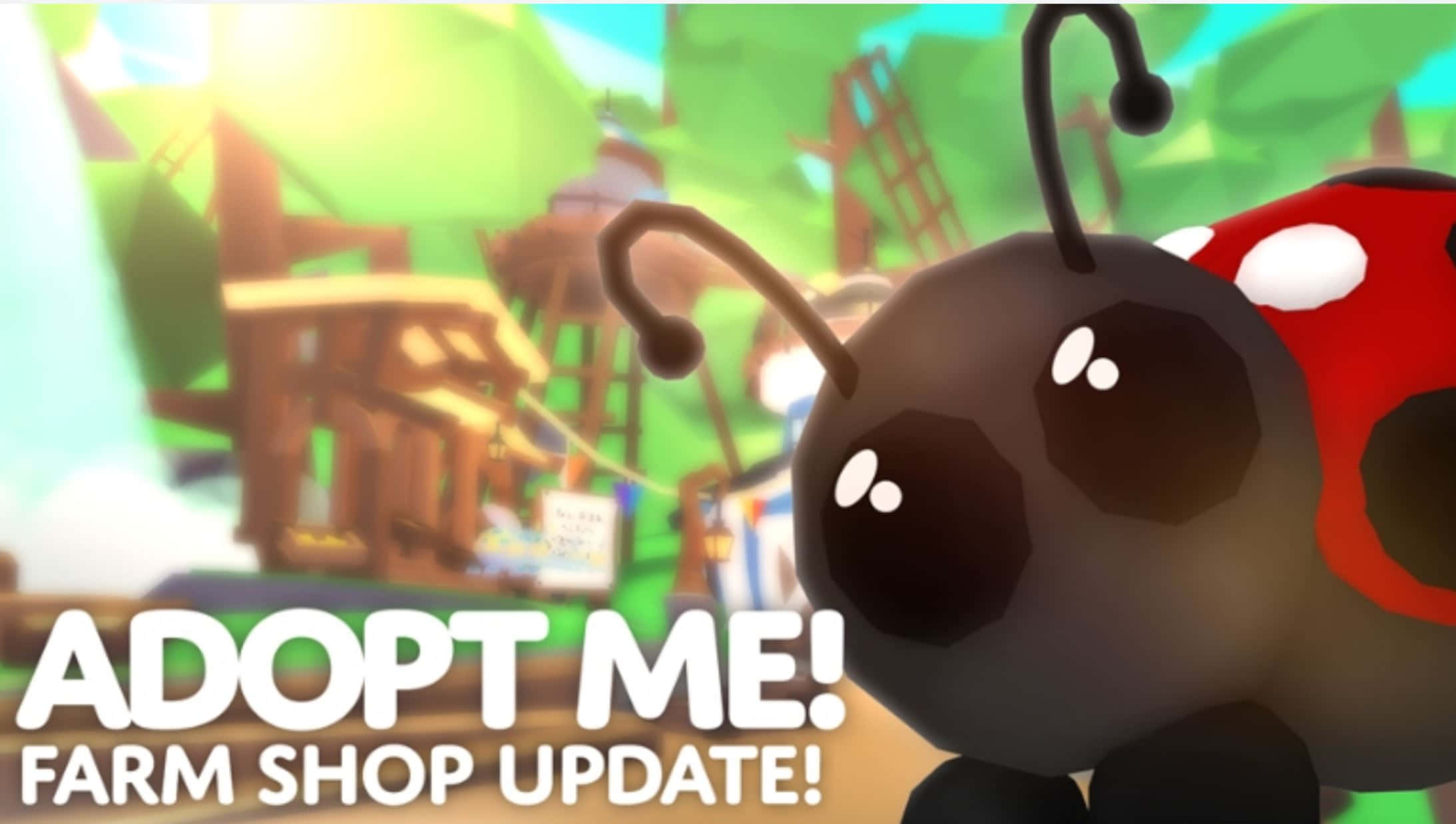 Adopt Me 農場商店更新 壁紙 — 一隻可愛的3D渲染瓢蟲，大眼睛看向觀眾，在明亮的卡通農場商店環境中。