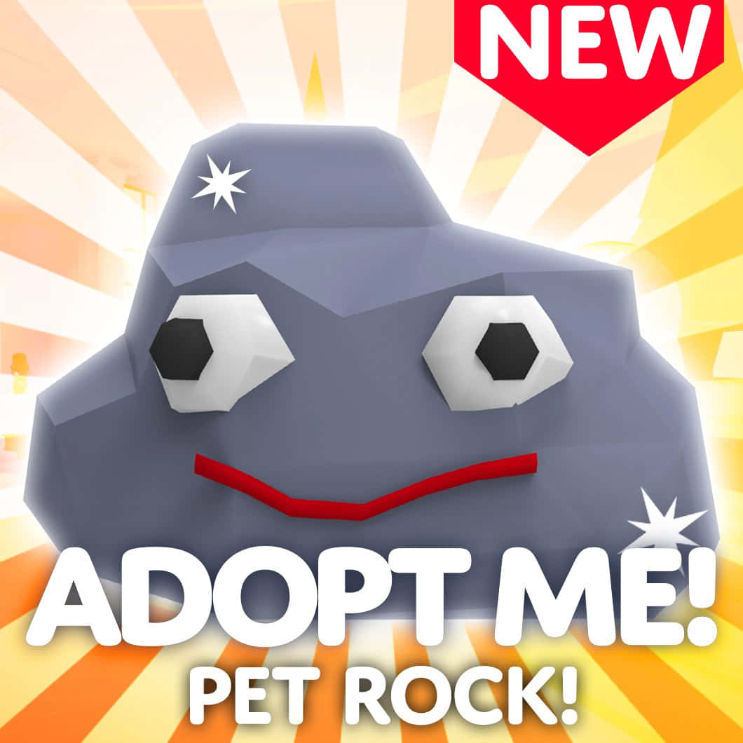 《 Adopt Me! 》遊戲中的寵物石頭 壁紙 — 一塊快樂的低多邊形寵物石頭，擁有六邊形眼睛和紅色微笑，在明亮的陽光背景下閃耀。
