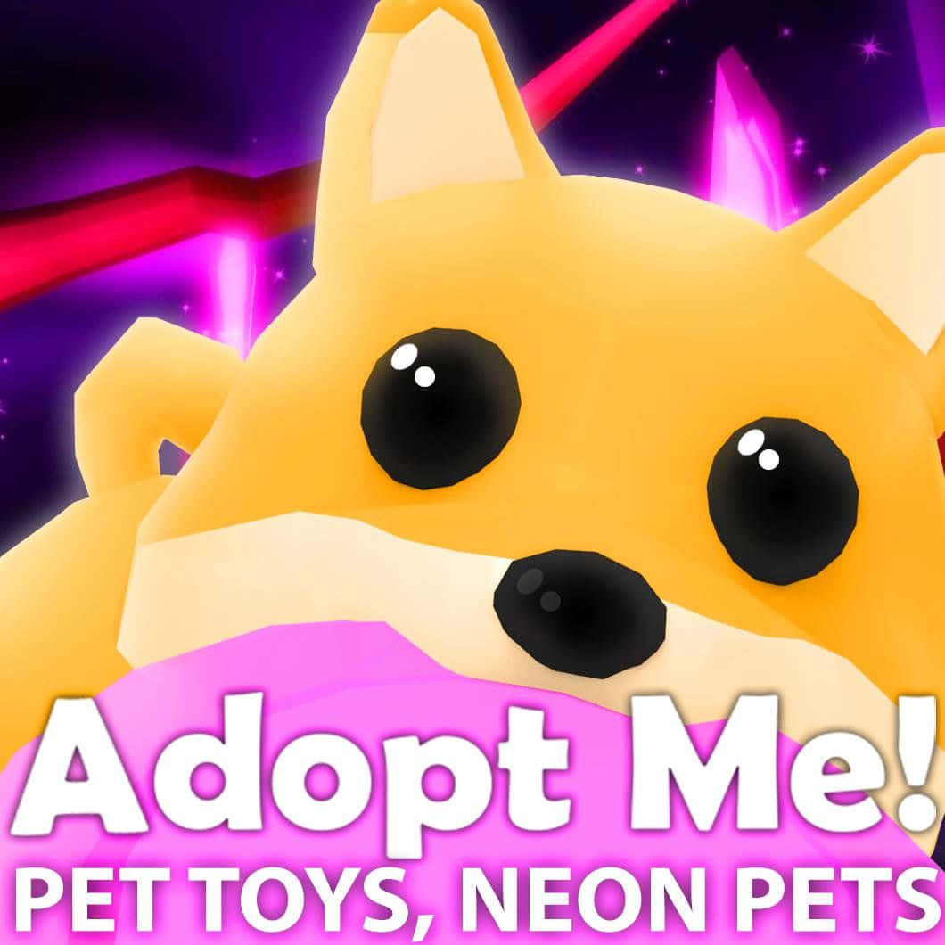 《 Adopt Me! 》遊戲冒險精彩瞬間 壁紙 — 一隻明亮的黃色低多邊形狗，有著大大的黑色眼睛，在發光的霓虹紫和粉紅色宇宙背景下凝視著。