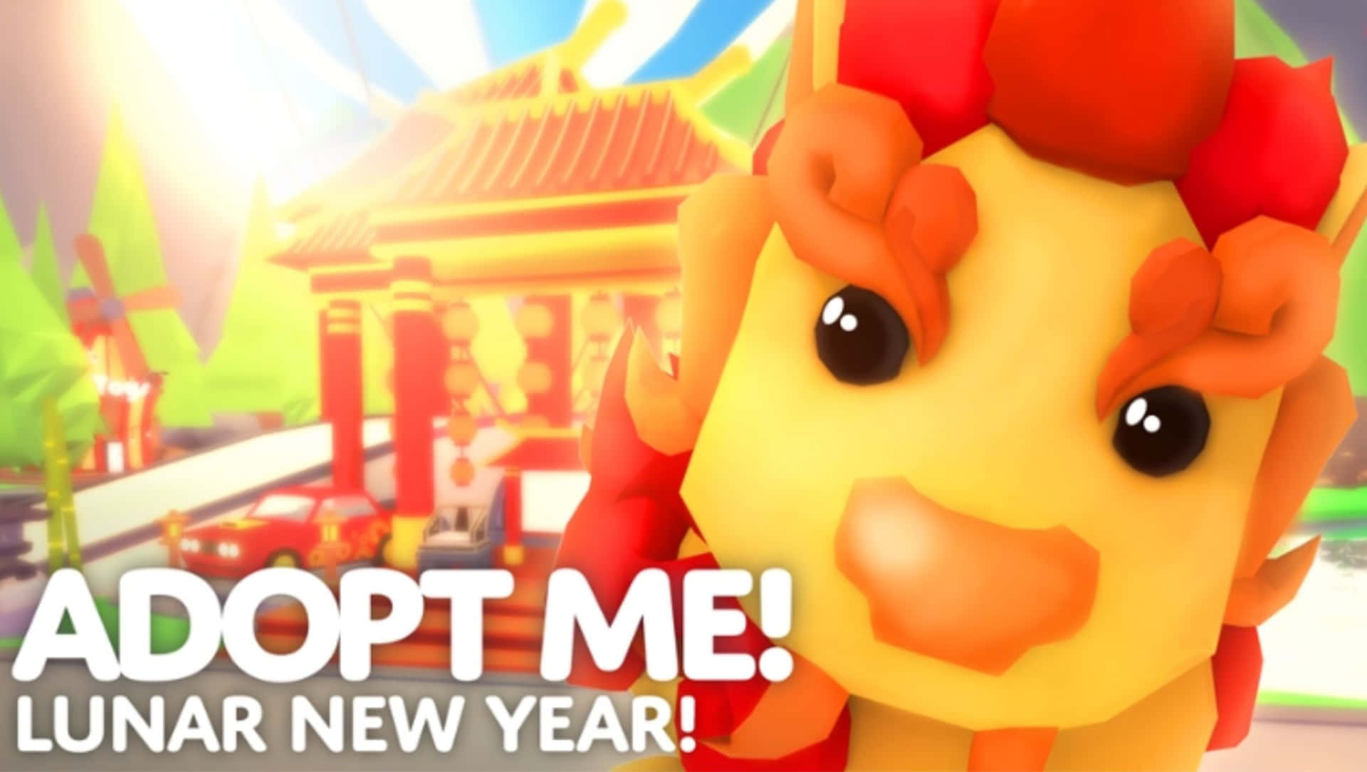 Adopt Me 龍年新歲 壁紙 — 一隻開心的3D渲染小獅子，紅色鬃毛，在晴朗的日子裡對著喜慶的中國寺廟微笑。