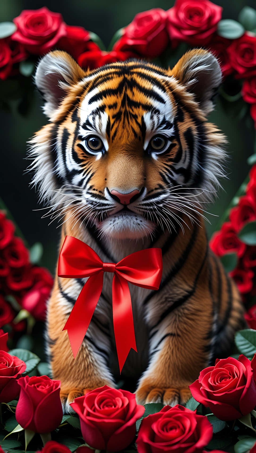一隻戴著紅色蝴蝶結的老虎幼崽被紅玫瑰包圍