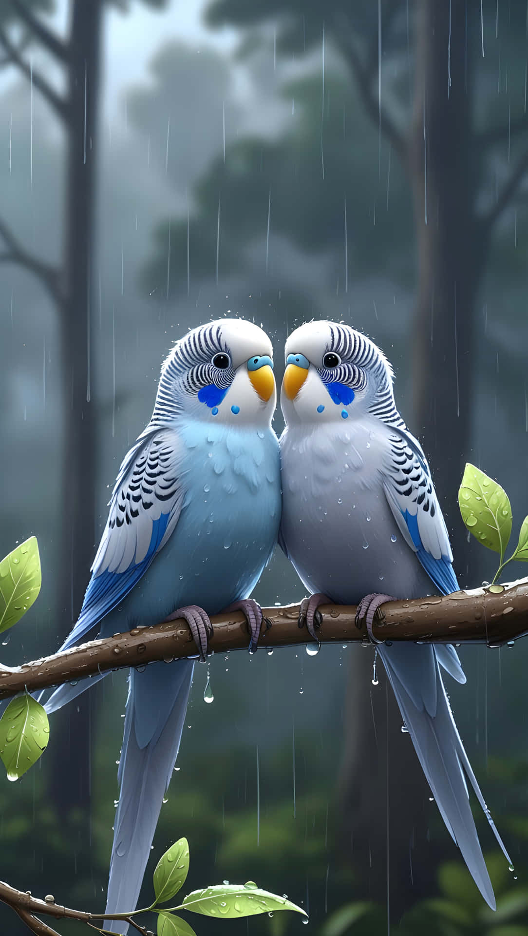 Adorable Blue and White Parakeets in a Rainy Forest 壁紙 — 兩隻藍白色虎皮鸚鵡在霧氣瀰漫的森林中緊貼著站在被雨水打濕的樹枝上，周圍雨滴落下。