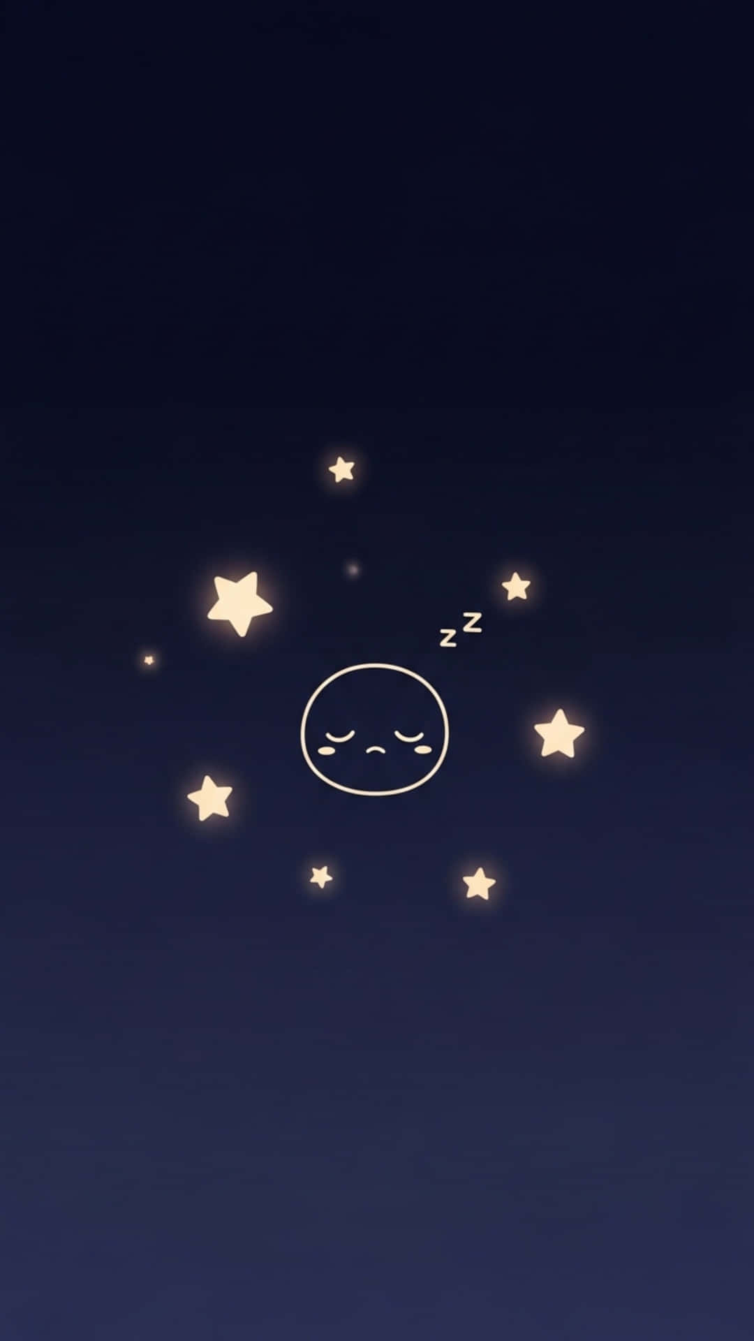 Adorable Tiny Cat Face with Closed Happy Eyes, Pastel Teal Background with Light Particles 壁紙 — 一個發光的卡通月亮，閉著眼睛，帶有zz符號，在深藍色夜空中的閃爍黃色星星之間安詳地睡著。