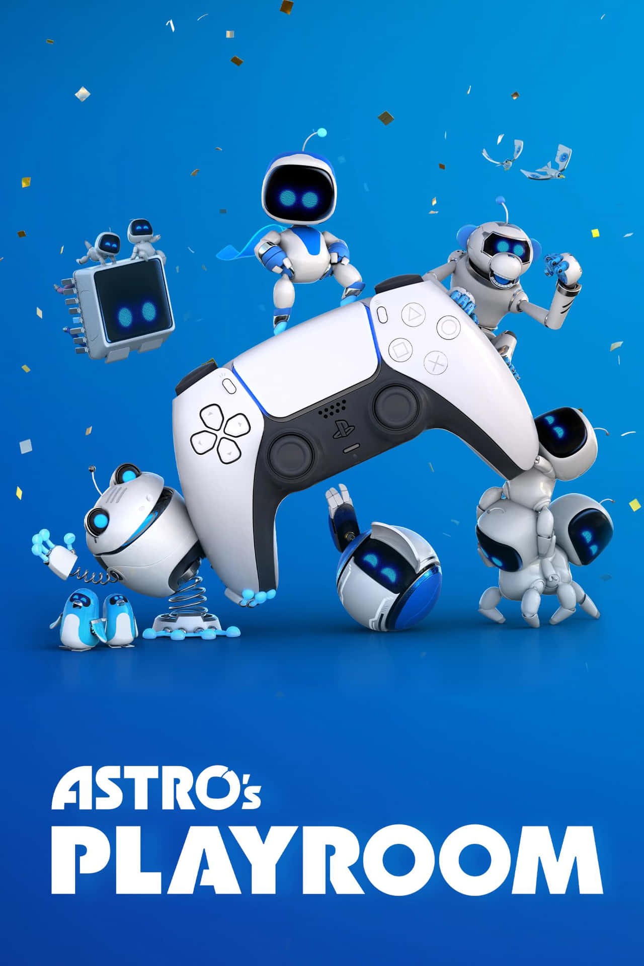  壁紙 — 可愛的白色和藍色機器人在一個巨大的PlayStation控制器周圍慶祝，背景是充滿活力的藍色，並有飄落的五彩紙屑。