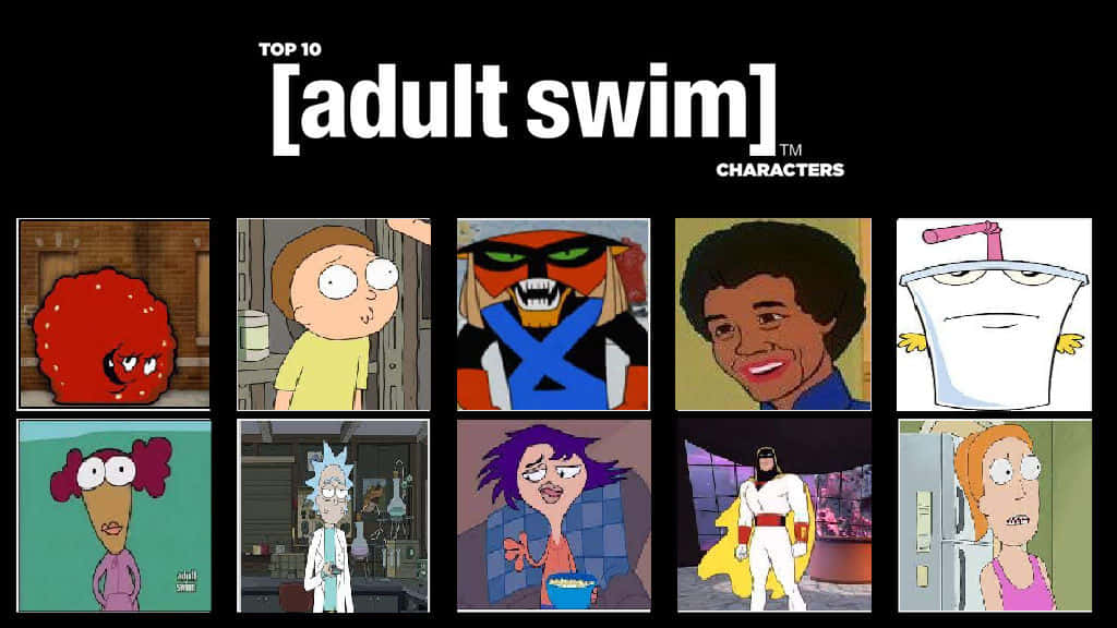 在黑色背景上以粗體白色文字網格排列的十大 Adult Swim 角色。