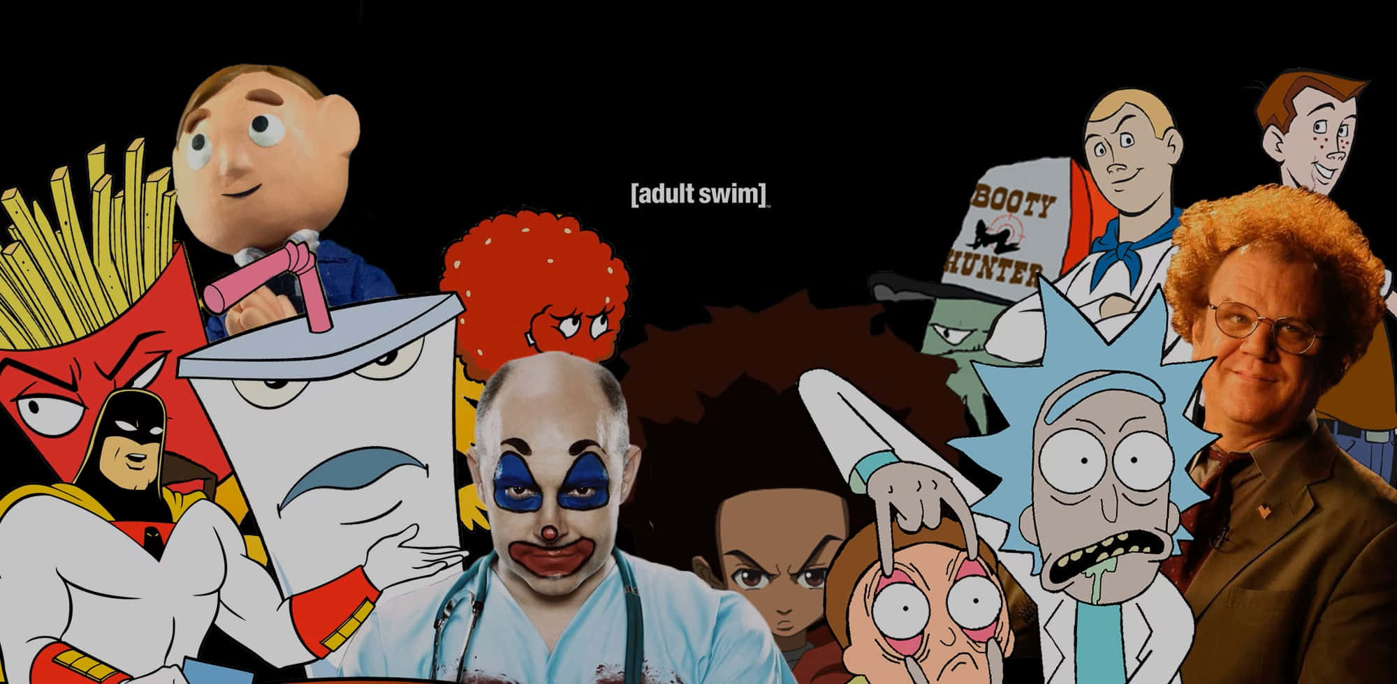 Adult Swim 動畫節目精選 壁紙 — 一個混亂的拼貼畫，包含Adult Swim卡通角色和真人，背景為黑色。