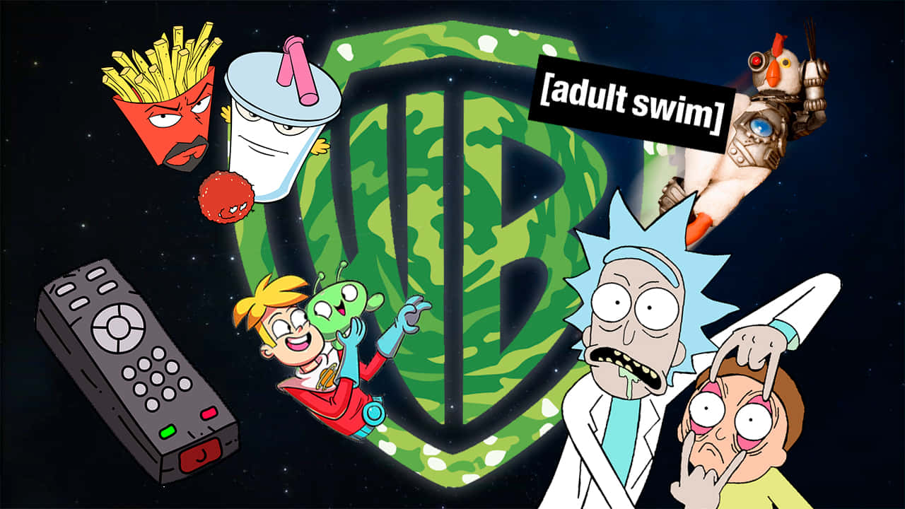 瑞克和莫蒂角色在太空漂浮，靠近華納兄弟標誌和 Adult Swim 標牌。