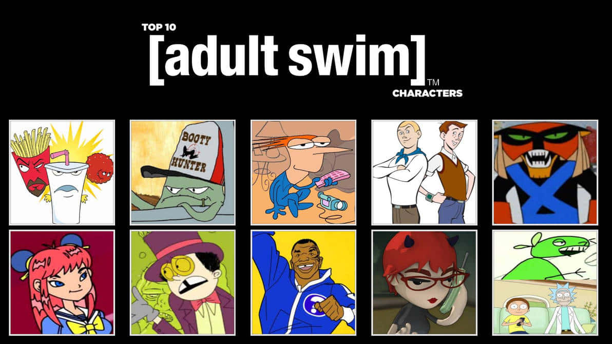 卡通插圖網格中的十大 Adult Swim 角色。