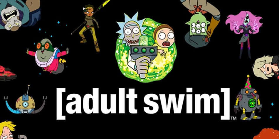 Adult Swim 標誌被其節目的漂浮卡通角色包圍。