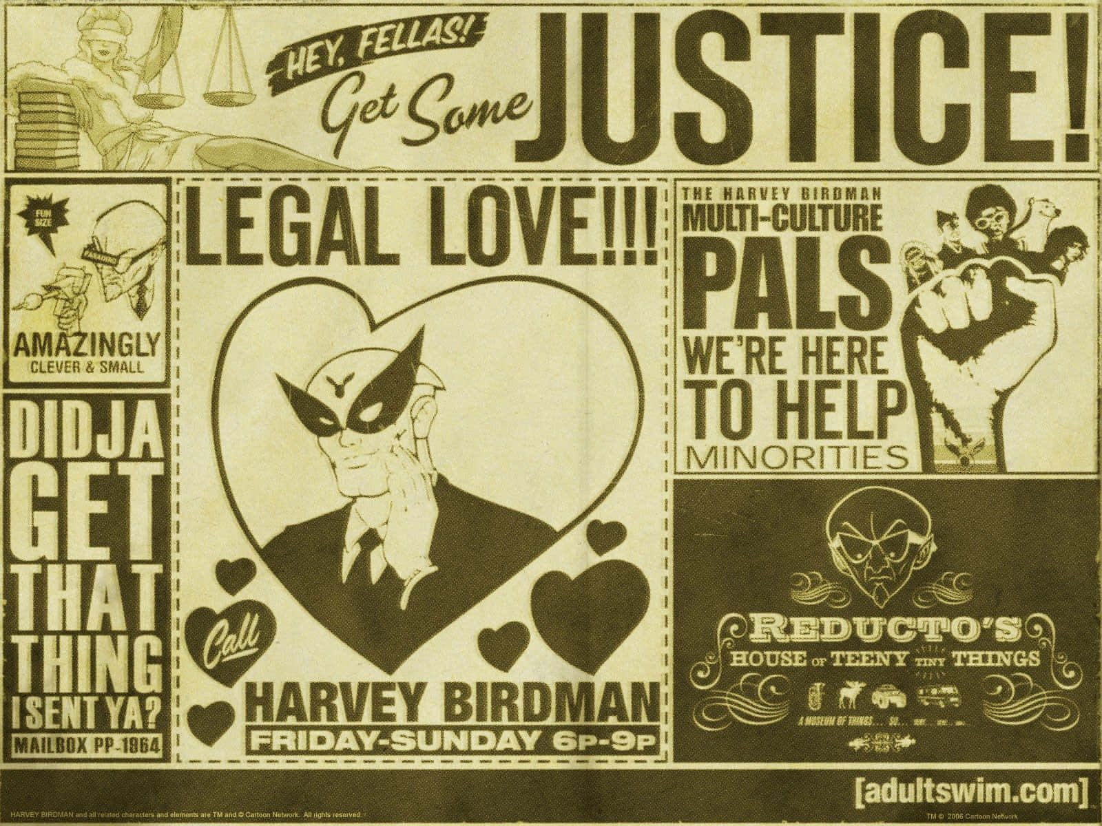 Harvey Birdman 法律廣告以漫畫報紙佈局呈現，帶有粗體文字和卡通人物。